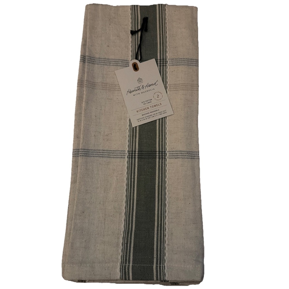 Hearth & Hand Magnolia Striped Kitchen Towels Cream, Green, & Blue, Set of 2 NWT